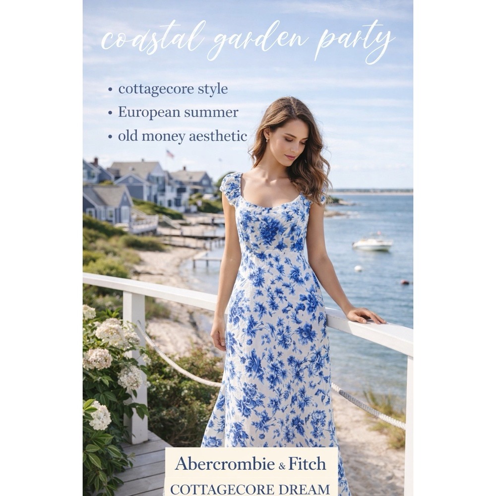 Abercrombie & Fitch Floral Maxi Dress LT TALL Blue White‎ Cottagecore Side Smock